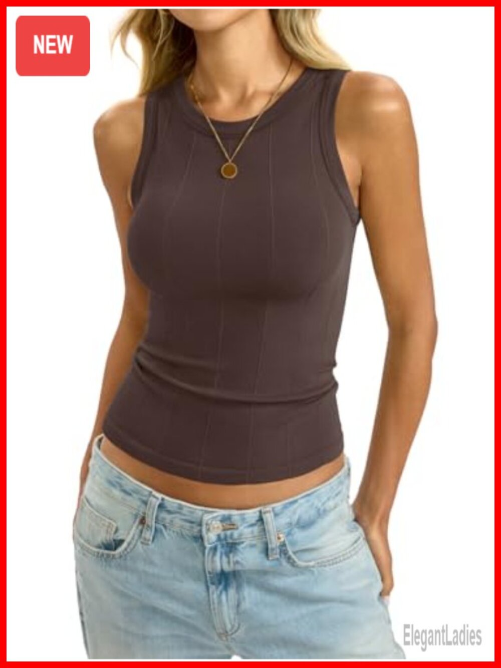 Ribbed Seamless Tank Top Sleeveless Fitted Crew Neck Summer Basic